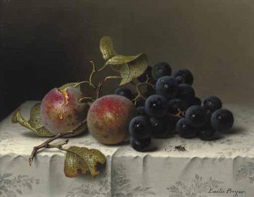 Johann Wilhelm Preyer Prunes and grapes on a damast tablecloth